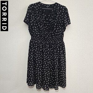 TORRID 0 Black White Floral Flower Polka Dot Ruffle Dress Plus Size 12 L
